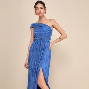Lulus Poised Performance Blue Plisse One-shoulder Maxi Dress - Size S